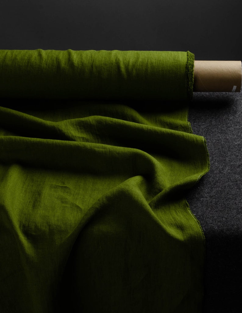 Olive colour medium weight linen fabric, chartreuse green linen fabric supply, green colour linen flax supply image 1