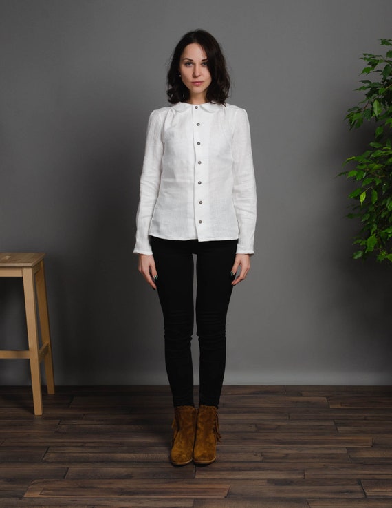 LETICIA Ivory White Long Sleeve Linen Shirt With Collar, Collared Neck Linen  Blouse, Elegant Linen Shirt - Etsy