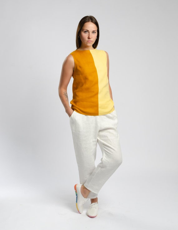 ERICA Sleeveless linen tank top for women, two color blouse, linen blouse, casual linen top, yellow linen top, loose linen tank