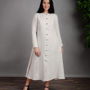 MELODY NATURAL  color buttoned long linen dress with side pockets and a belt, long sleeve linen dress, cozy dress, elegant linen dress
