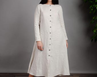 MELODY NATURAL  color buttoned long linen dress with side pockets and a belt, long sleeve linen dress, cozy dress, elegant linen dress