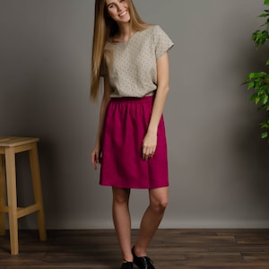 Rose colour linen skirt, pink short skirt, plus size skirt, loose medium linen skirt, daily linen skirt