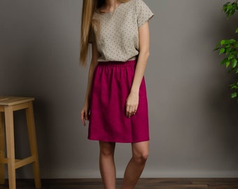 Rose colour linen skirt, pink short skirt, plus size skirt, loose medium linen skirt, daily linen skirt