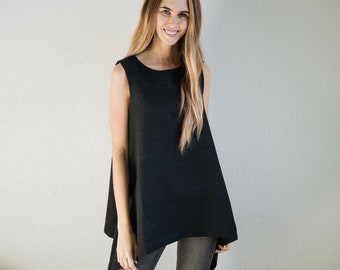 LAURA asymmetric linen blouse, black linen shirt, black linen top, long linen shirt, linen blouse, official outfit, sleeveless top