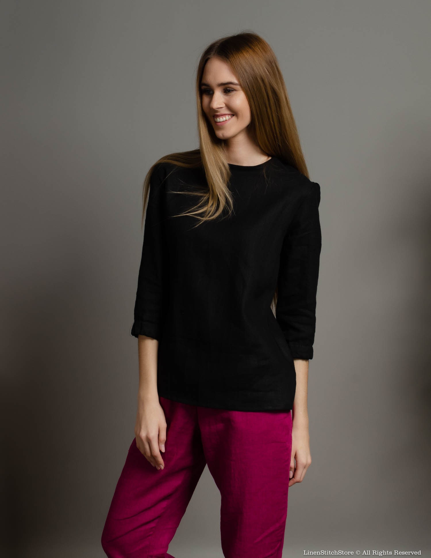 EMILY Elegant Black Linen Blouse With Buttons at the Back, Shirt Back — free download