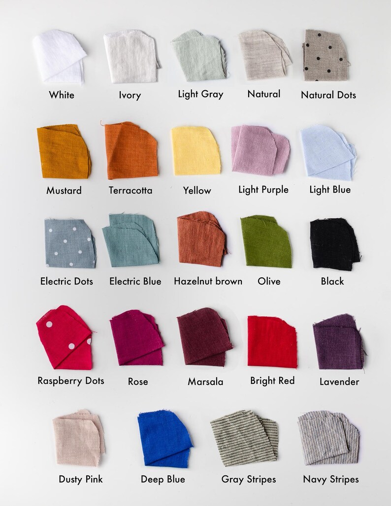 May include: A collection of fabric swatches in various colors and patterns, including white, ivory, light gray, natural, natural dots, mustard, terracotta, yellow, light purple, light blue, electric dots, electric blue, hazelnut brown, olive, black, raspberry dots, rose, marsala, bright red, lavender, dusty pink, deep blue, gray stripes, and navy stripes.