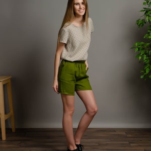 LILLY Olive green linen shorts with elastic waistband and inner pockets, short linen pants for women image 5