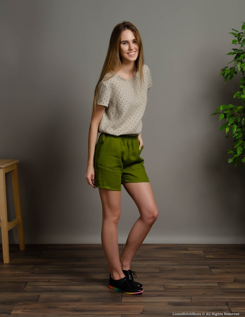 LILLY Olive green linen shorts with elastic waistband and inner pockets, short linen pants for women image 5