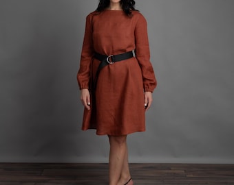 SIMONA Hazelnut Brown Linen Dress, Long Sleeve Linen Dress, Loose Fit Linen Dress, Rust Linen Dress, with Belt, Linen Dress with Pockets