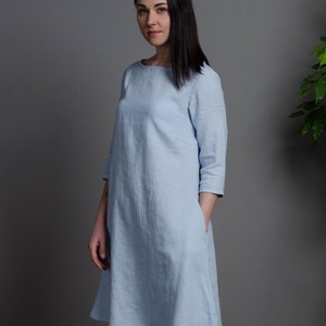 BARBARA light blue medium sleeve linen dress with inseam pockets, blue trapeze linen dress, loose linen dress, medium linen dress image 4