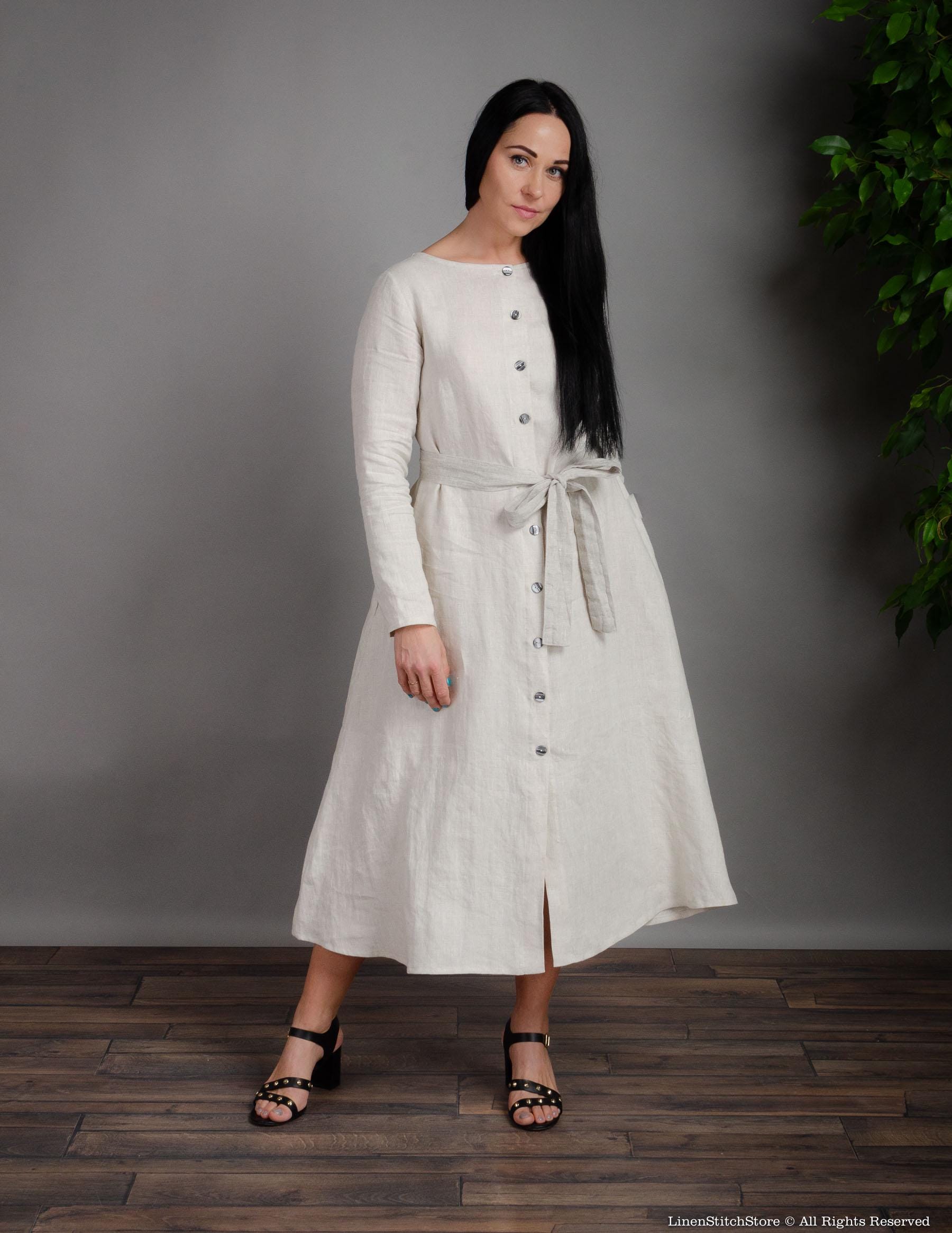 MELODY NATURAL Color Buttoned Long Linen Dress With Side Pockets