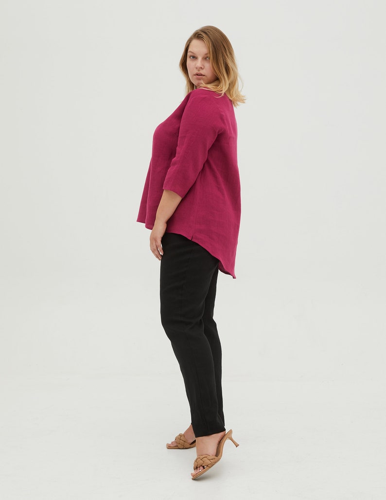 BERNIN Plus size V-neck medium sleeve rose colour linen tunic, plus size linen clothing for women image 3