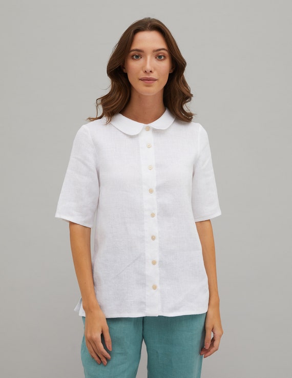 KYRA Camisa de lino de manga media blanca con cuello blusa de lino con cuello con cuello camisa de lino elegante Etsy Mexico