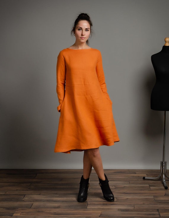 VERONICA Linen Terracotta Color Long Sleeve Linen Dress With