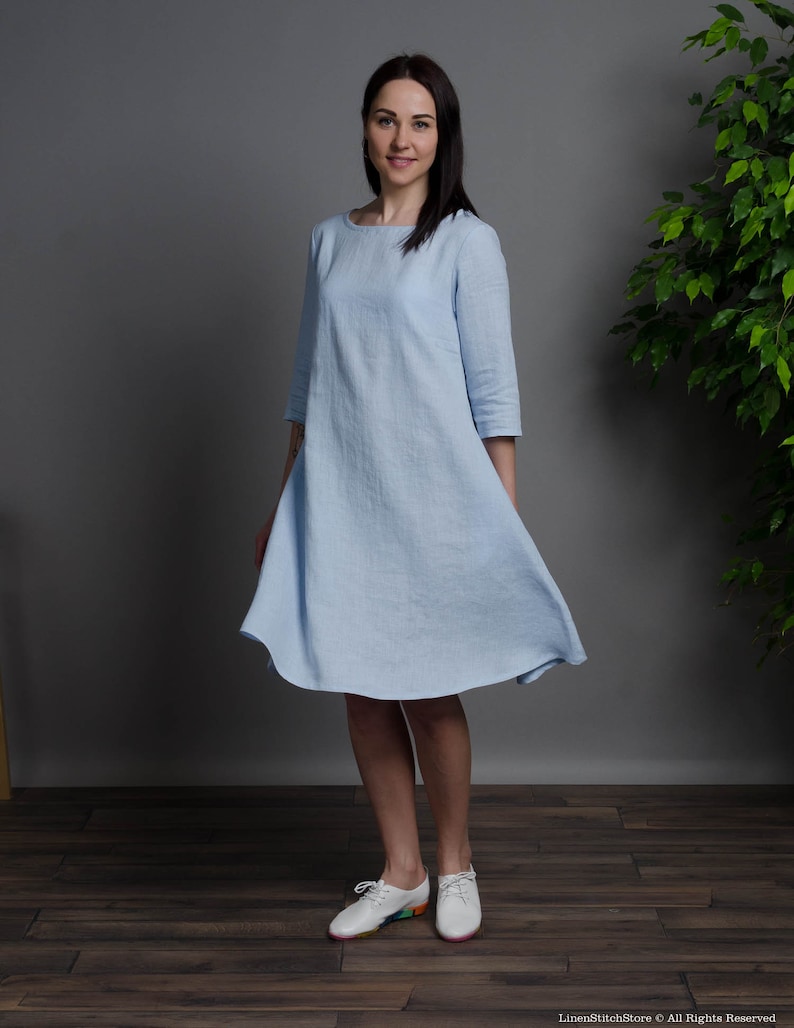 BARBARA robe en lin à manches moyennes bleu clair avec poches en couture, robe en lin trapèze bleu, robe en lin ample, robe en lin moyen image 1