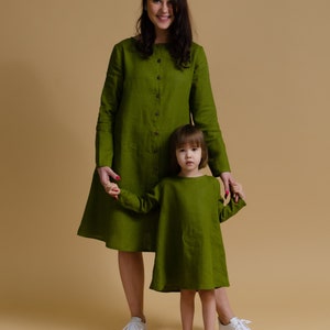 DOMINIKA Linen OLIVE color buttoned long sleeve linen dress with side pockets, green trapeze linen dress, wide dress, plus size women dress image 4