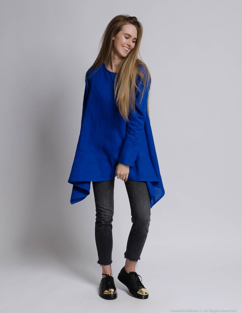 AURORA Asymmetric long sleeve blue royal color linen tunic women, bright blue long linen tunic, long linen blouse, long sleeve linen tunic image 1