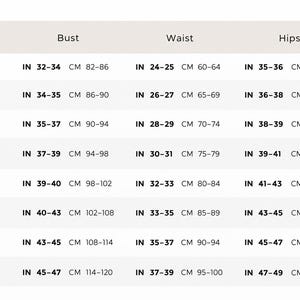 May include: A size chart table with dark text on a light background. The columns are labeled Size, Bust, Waist, and Hips. Rows list sizes from XS to XXXL with corresponding measurements in inches and centimeters for each body area.