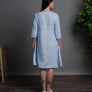 BARBARA robe en lin à manches moyennes bleu clair avec poches en couture, robe en lin trapèze bleu, robe en lin ample, robe en lin moyen image 5