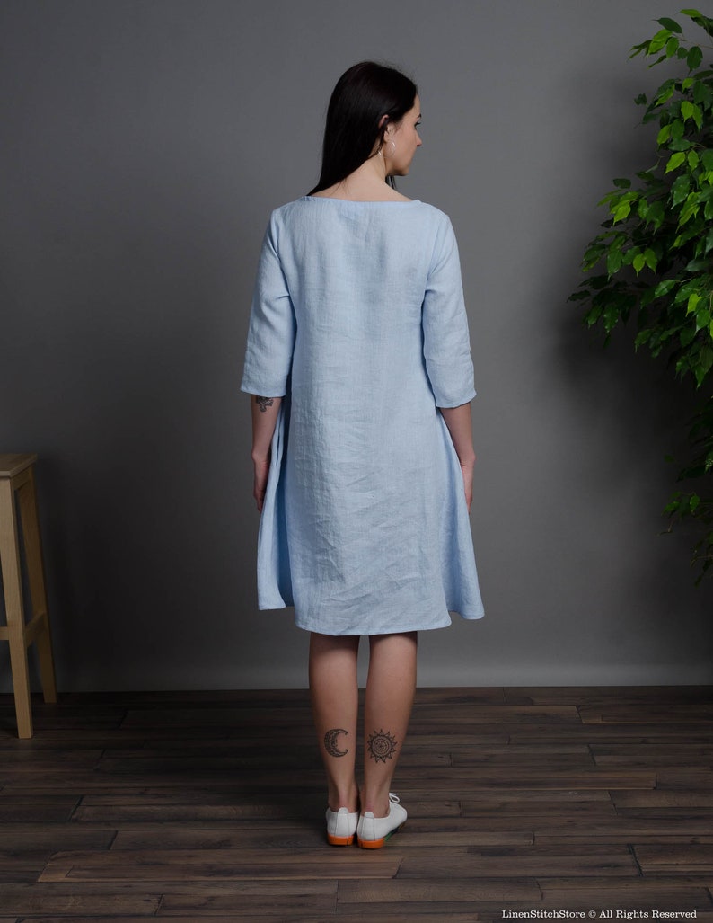 BARBARA light blue medium sleeve linen dress with inseam pockets, blue trapeze linen dress, loose linen dress, medium linen dress image 5