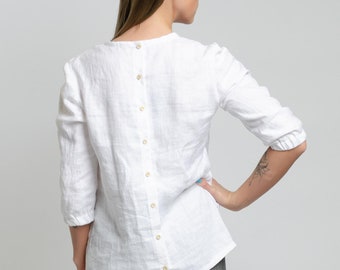 EMILY Elegant linen shirt with buttons at the back, shirt back buttoned, elegant medium sleeves shirt with back buttons