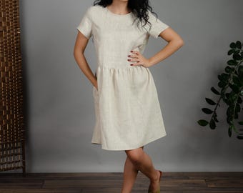 MARIA Natural Linen Dress for Women Short Sleeve Casual Summer Dress with Pockets Loose Fit Handmade Eco Friendly Clothing Minimalist Style