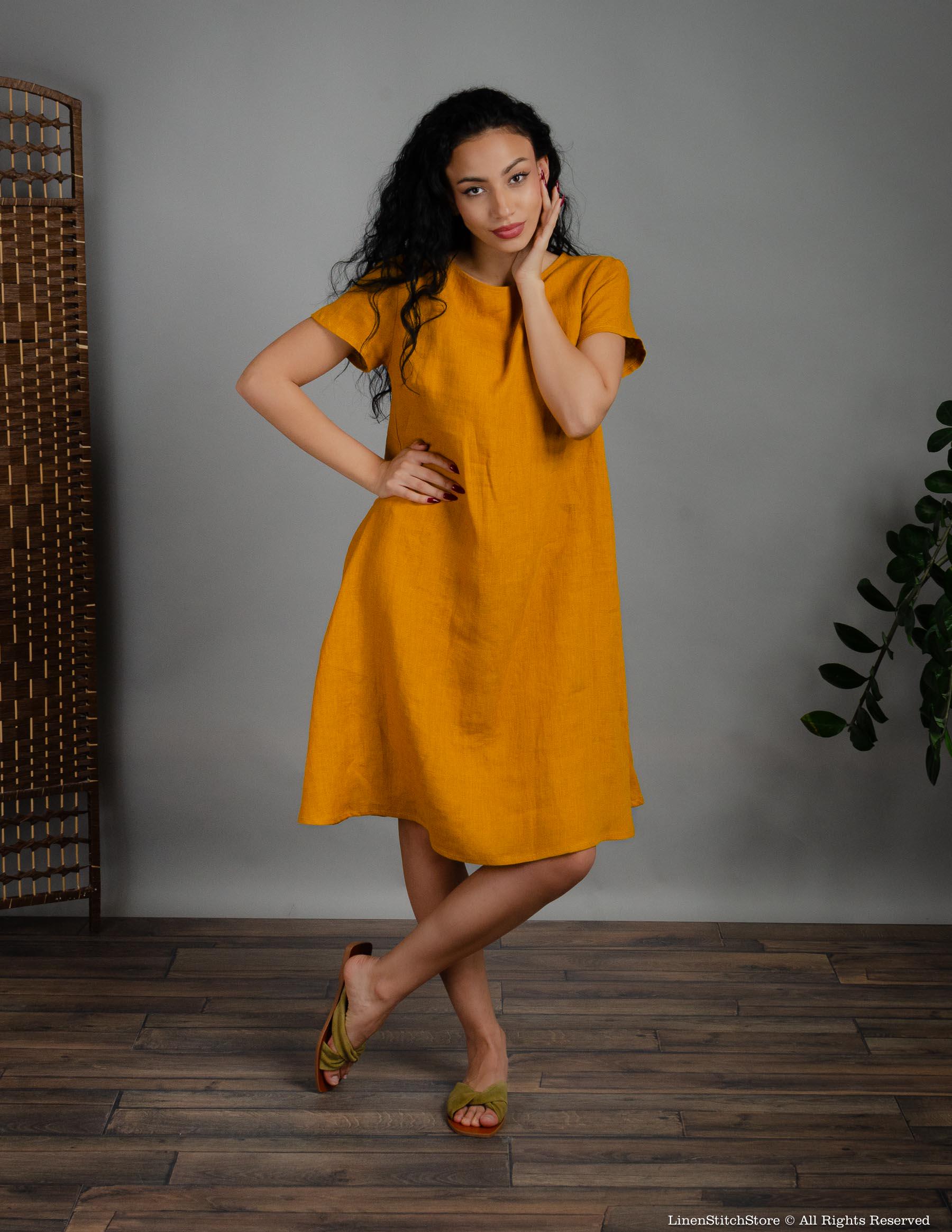 MEGHAN MUSTARD Yellow Linen Dress for Women Short Sleeve Summer Dress Loose Fit Casual Linen Clothing - Natural Eco Friendly Handmade Dress