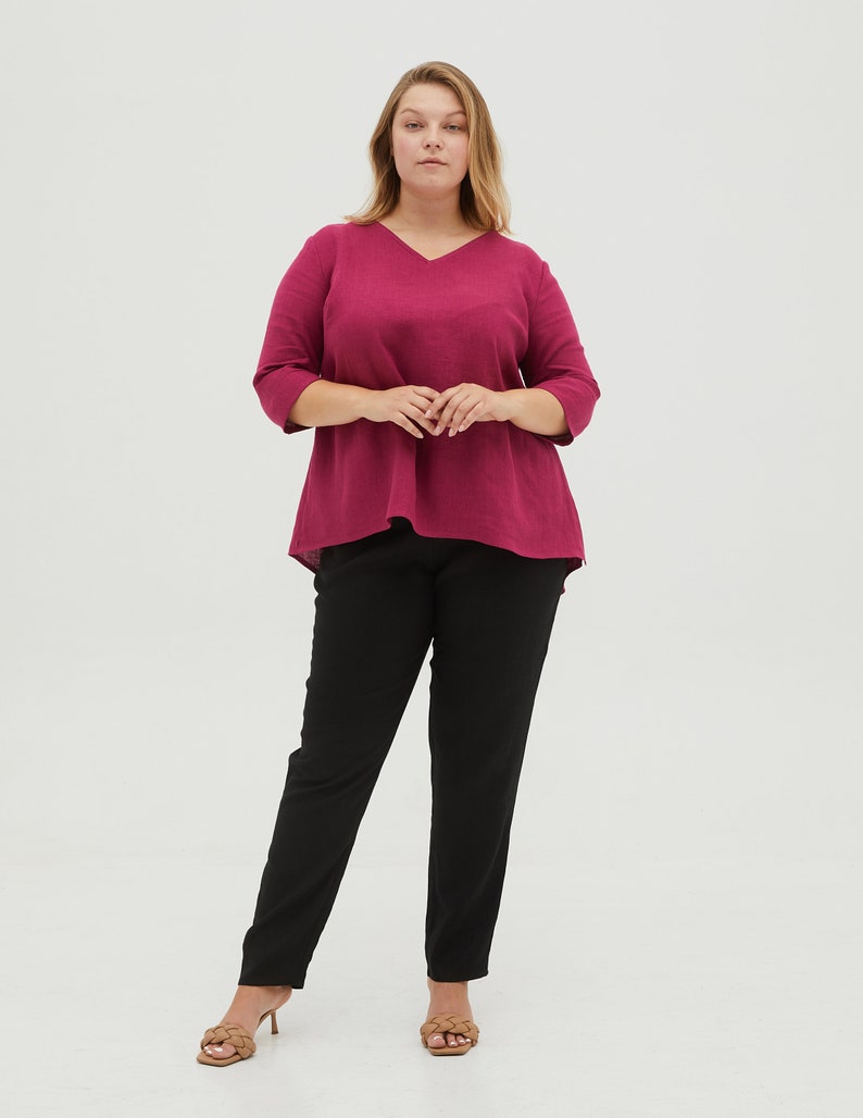 BERNIN Plus size V-neck medium sleeve rose colour linen tunic, plus size linen clothing for women image 1