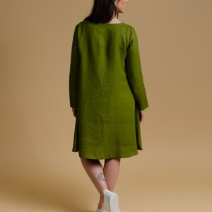 DOMINIKA Linen OLIVE color buttoned long sleeve linen dress with side pockets, green trapeze linen dress, wide dress, plus size women dress image 3