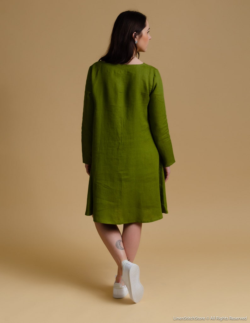 DOMINIKA Linen OLIVE color buttoned long sleeve linen dress with side pockets, green trapeze linen dress, wide dress, plus size women dress image 3