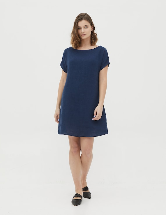 SANDRA Navy Blue Short Sleeve Linen Summer Dress With Inseam Pockets, Loose Linen  Dress, Simple Linen Dress, Trapeze Linen Dress - Etsy Canada