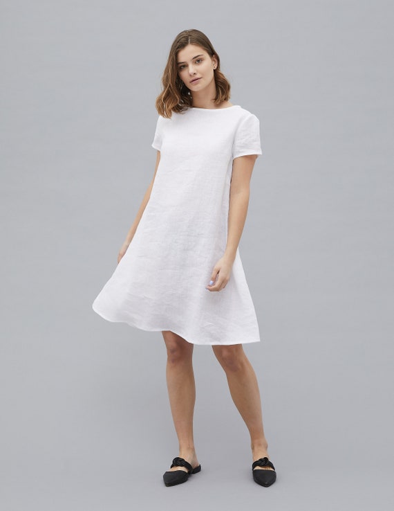 MEGHAN short sleeve White linen dress with side pockets, loose linen dress, women oversized linen dress, medium length linen dress