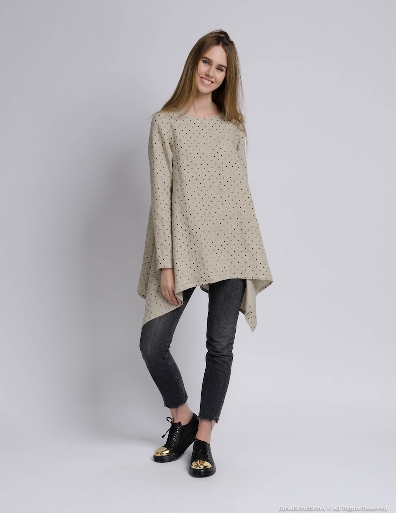 AURORA Asymmetric long sleeve dotted natural color linen tunic for women, long linen shirt, grey long linen blouse, long sleeve linen tunic image 4