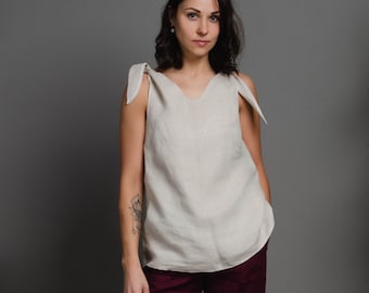 OLIVIA Natural colour sleeveless linen tank wrapped on the shoulders, simple linen top, wrapped blouse, loose wrap shirt, sleeveless shirt