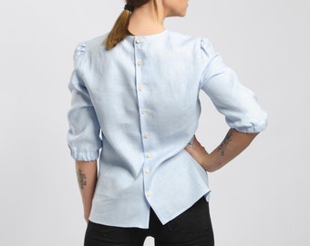 EMILY Elegant light blue linen blouse with buttons at the back, back buttoned linen shirt, elegant medium sleeves shirt with back buttons