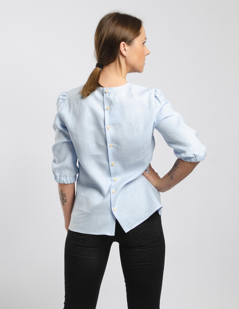 EMILY Elegant Light Blue Linen Blouse With Buttons at the - Etsy