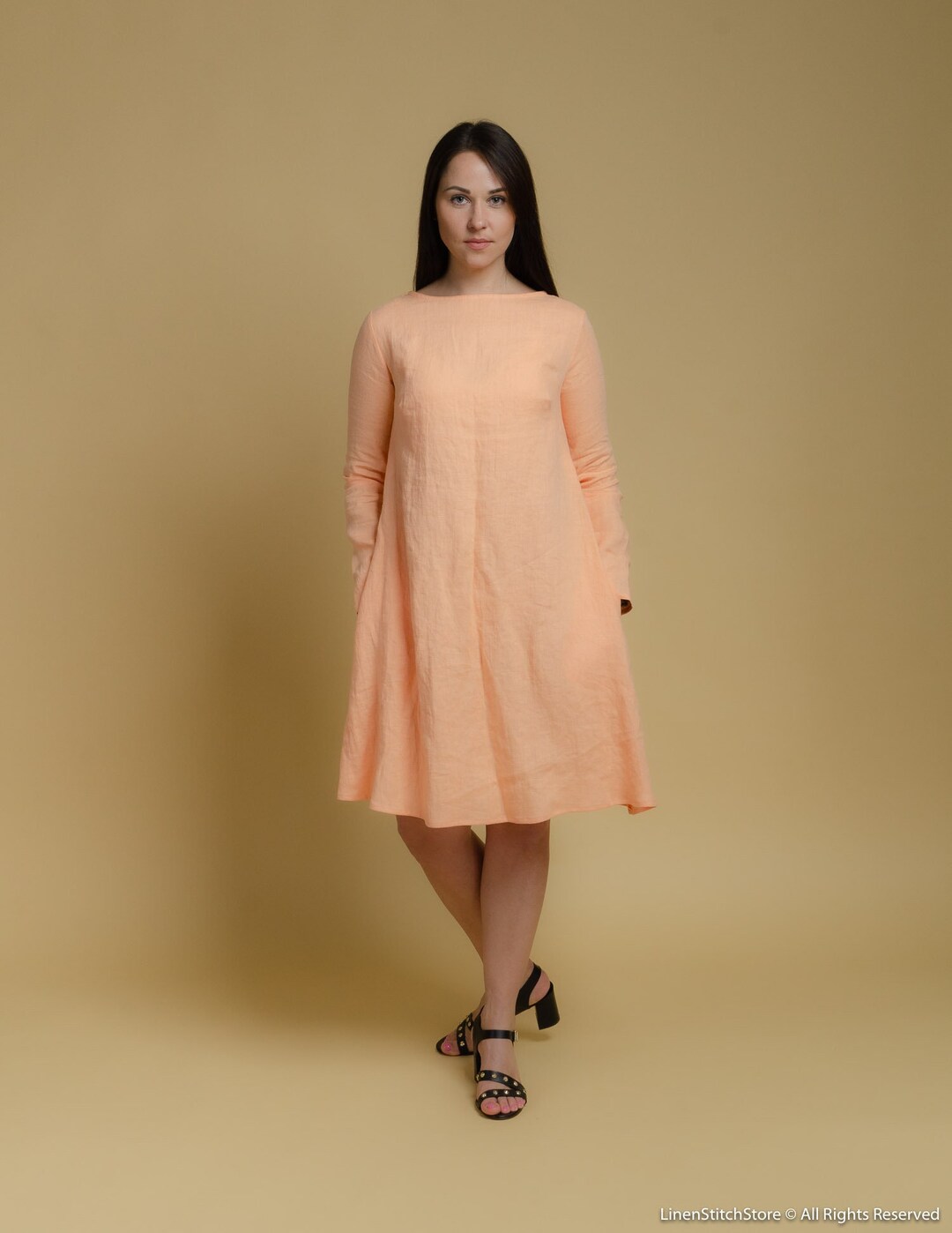 VERONICA peach colour linen long sleeve dress with side pockets, trapeze linen dress, women oversized linen dress, creamy colour linen dress VERONICA peach colour linen long sleeve dress with side pockets, trapeze linen dress, women oversized linen dress, creamy colour linen dress