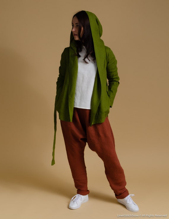 ALEXANDRA Wrap OLIVE Linen Hoodie With a Belt, Moss Green