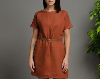 SANDRA Short brown linen dress with short sleeve, trapeze linen summer dress, simple linen dress