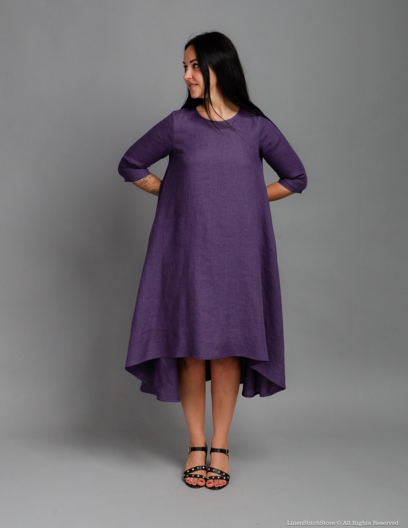 SHANON Medium sleeve asymmetric LAVENDER color linen dress, trapeze linen dress with inseam pockets, loose dress, oversized linen dress image 3