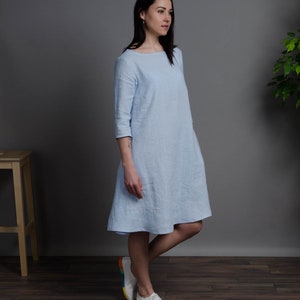 BARBARA light blue medium sleeve linen dress with inseam pockets, blue trapeze linen dress, loose linen dress, medium linen dress image 3