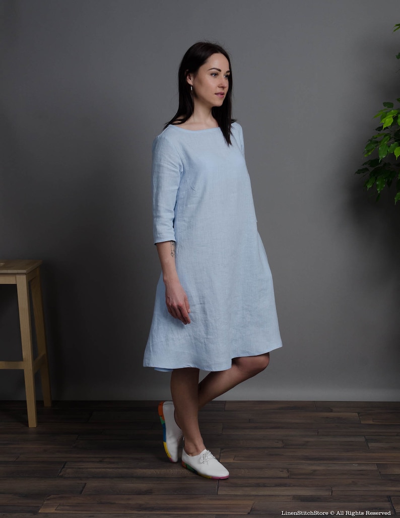 BARBARA robe en lin à manches moyennes bleu clair avec poches en couture, robe en lin trapèze bleu, robe en lin ample, robe en lin moyen image 3