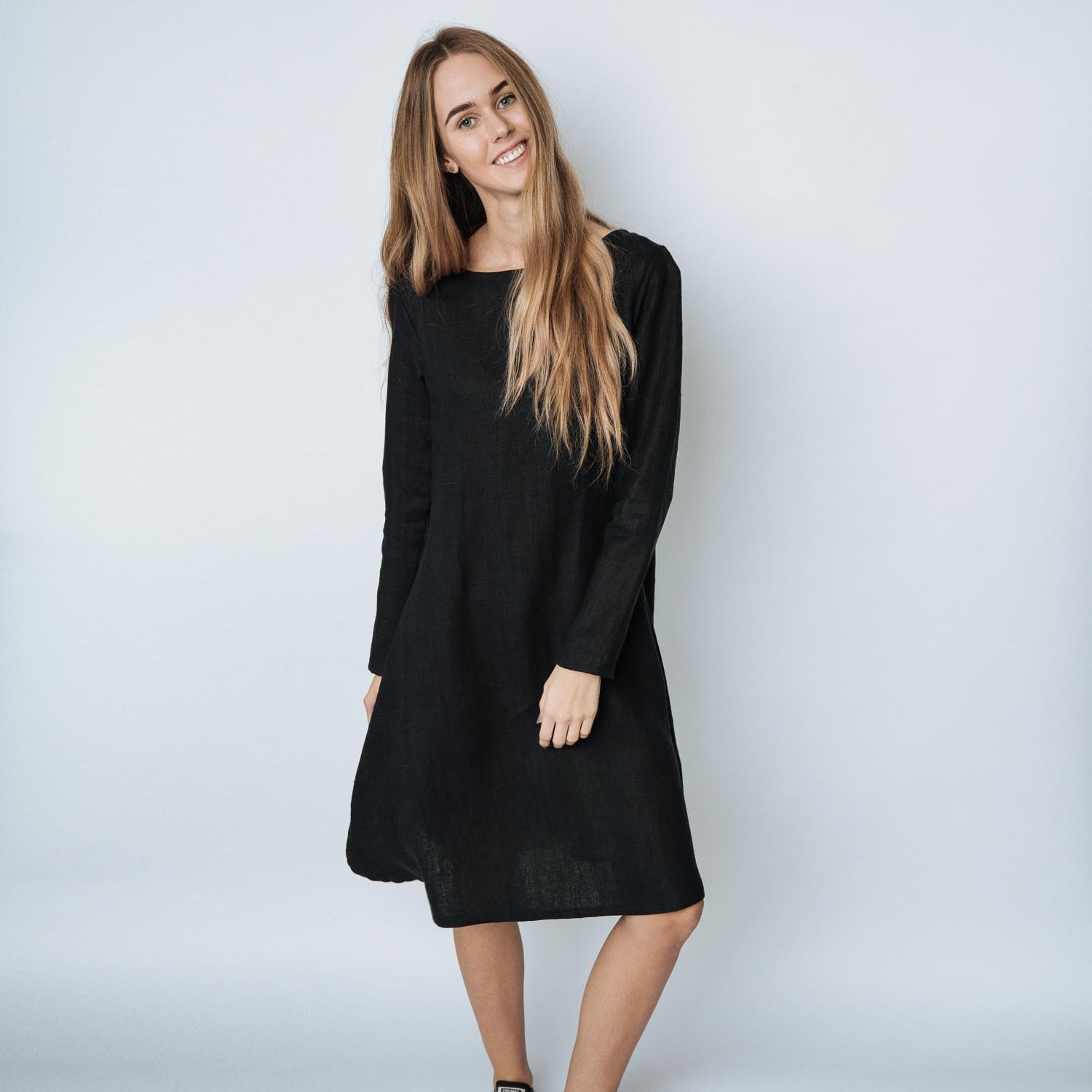 IRENA Black Linen Dress Long Sleeve Linen Dress Wide Dress - Etsy
