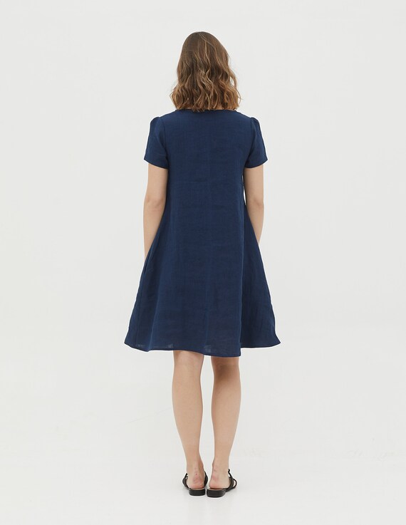 MEGHAN short sleeve NAVY BLUE linen dress with side pockets, loose linen dress, women oversized linen dress, medium length linen dress