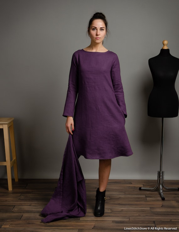 VERONICA Lavender colour linen long sleeve dress with side pockets, trapeze linen dress, purple linen dress, women oversized linen dress