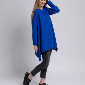 AURORA Asymmetric long sleeve blue royal color linen tunic women, bright blue long linen tunic, long linen blouse, long sleeve linen tunic image 3