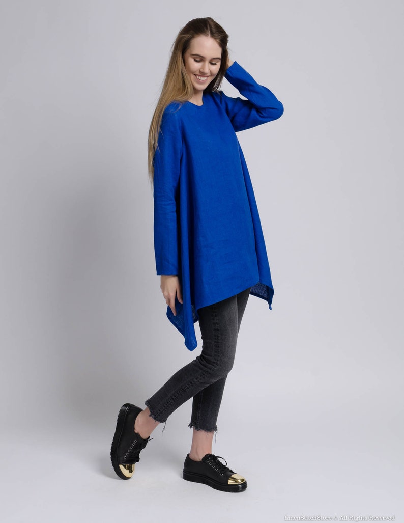 AURORA Asymmetric long sleeve blue royal color linen tunic women, bright blue long linen tunic, long linen blouse, long sleeve linen tunic image 3