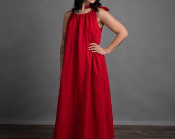 ARABELLA Red Linen Maxi Dress | Sleeveless, Tie Straps, Belted Waist (100% Lithuanian Linen)