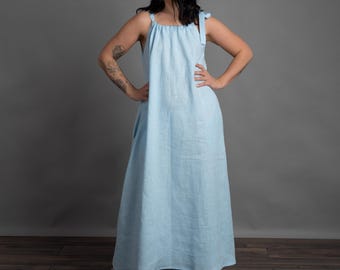 ARABELLA Light Blue Linen Maxi Dress | Sleeveless, Tie Straps, Belted Waist