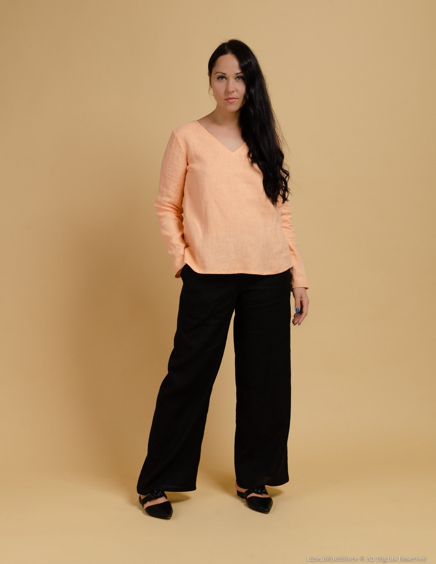 LEILA long sleeve V-neck linen top, PEACH colour linen shirt with splits on the sides, Simple long sleeve linen shirt in coral colour